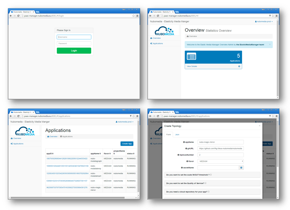 NUBOMEDIA PaaS Manager GUI Snapshots