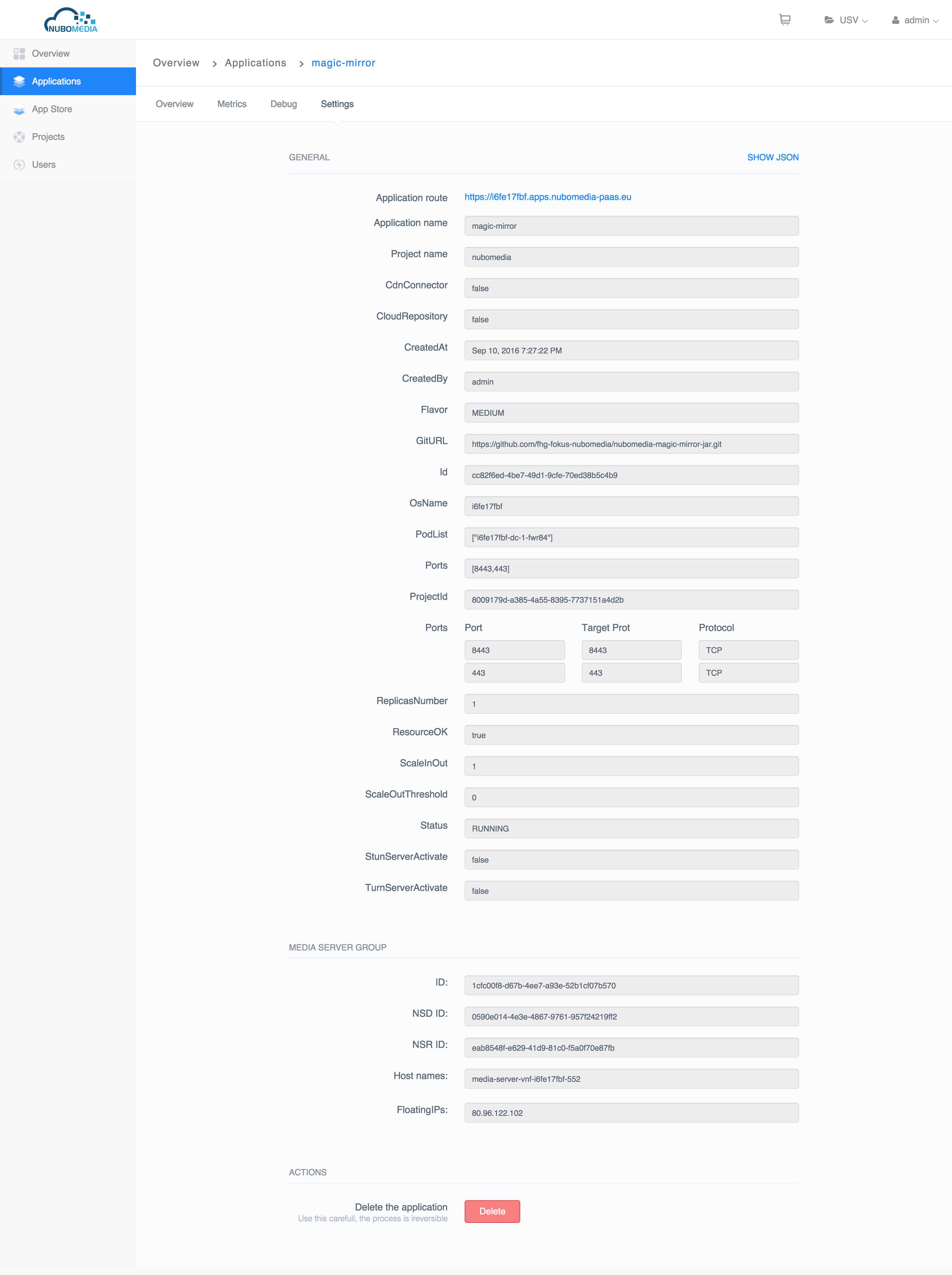 PaaS Manager Gui - Application Settings